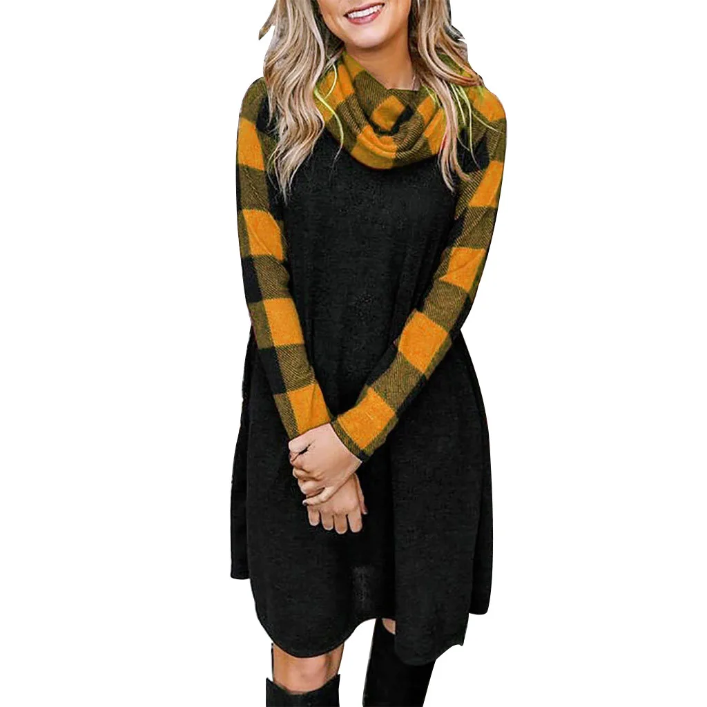 

Autumn And Winter European And American Cross-border Women's Hot Style Plaid Print Stitching Long-sleeved Dress A-Line