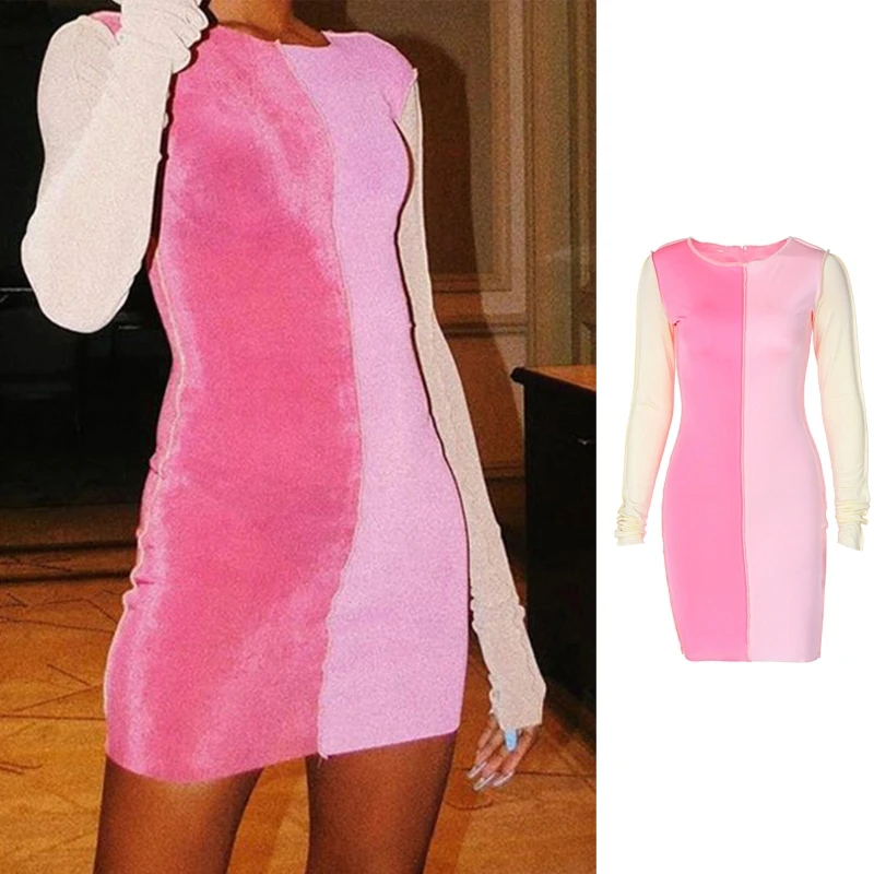 

Женские осенне зимняя одежда с длинным рукавом, круглый вырез, облегающее мини платье Цвет разноцветных кусков, бархат, сексуальная юбка с з...