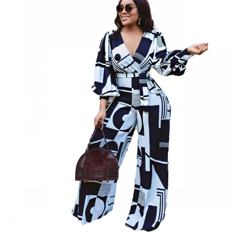 

Jumpsuits Dashiki African Jumpsuit For Women Wide Leg Pant Playsuit Sexy V-Neck Rompers Fashion Blue Streetwear Overalls