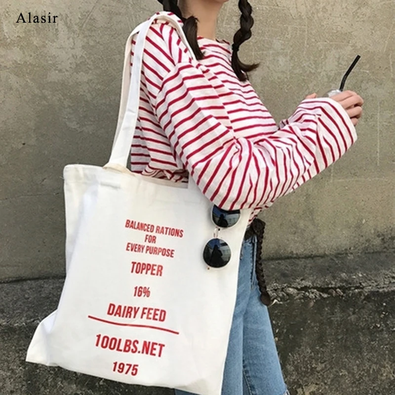 Alasir простая Холщовая Сумка с буквенным принтом для женщин корейский стиль сумки