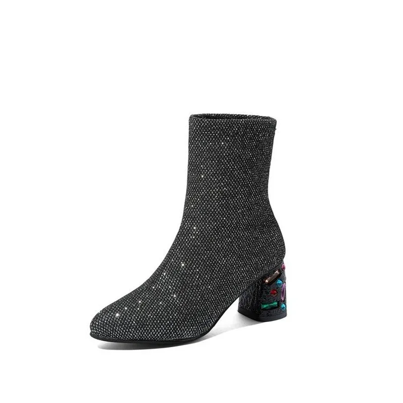 

Women's Boots 2020 New Mid-heel Sleeve Pointed Toe Fabric Square Heel Fashion Boots Ladies Faux Short Plush Fabric Women's Boots