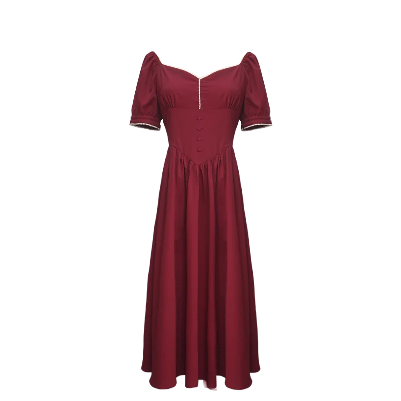 

Korean Fashion Summer Women Dress Vintage Burgundy Puff Sleeve Square Collar Princess Dresses Date Party Night Vestido Festa