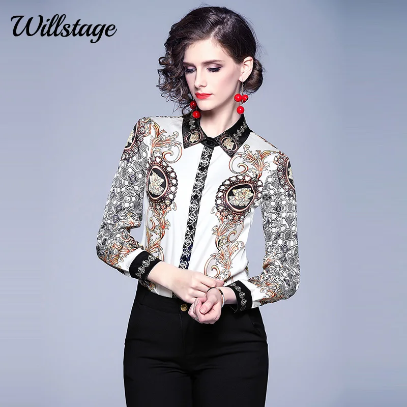 

Willstage printed shirt women pattern blouse button long sleeve white collar shirts elegant office ladies 2020 Autumn tops