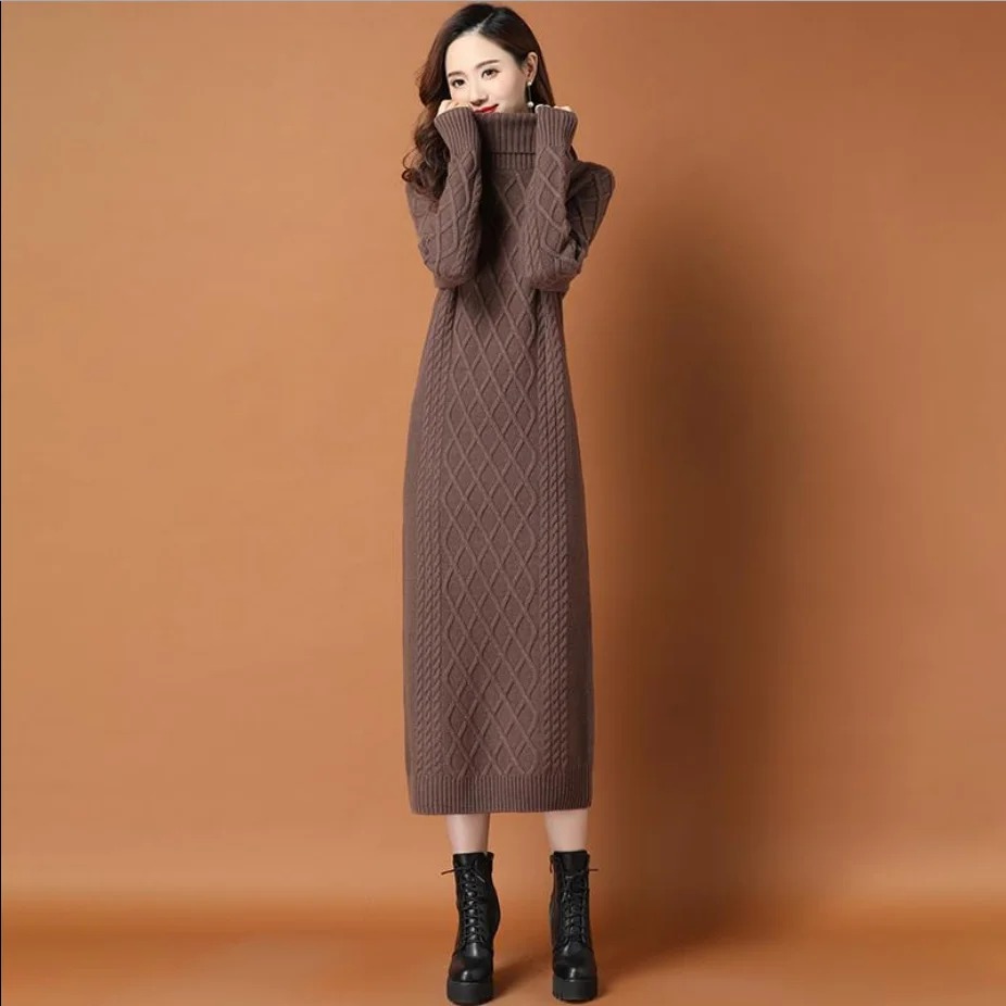 

Solid Screw Thread Turtleneck Pullover Mid-calf Women Autumn Winter Knitted Sweater Dress Oversize Warm Slim Bottom Dresses