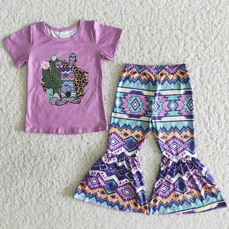 

Spring Infant Easter Cute Girl Rabbits Short Sleeve T-Shirt Aztec Bell Bottom Fashion Baby Outfit Wholesale Boutique Clothes