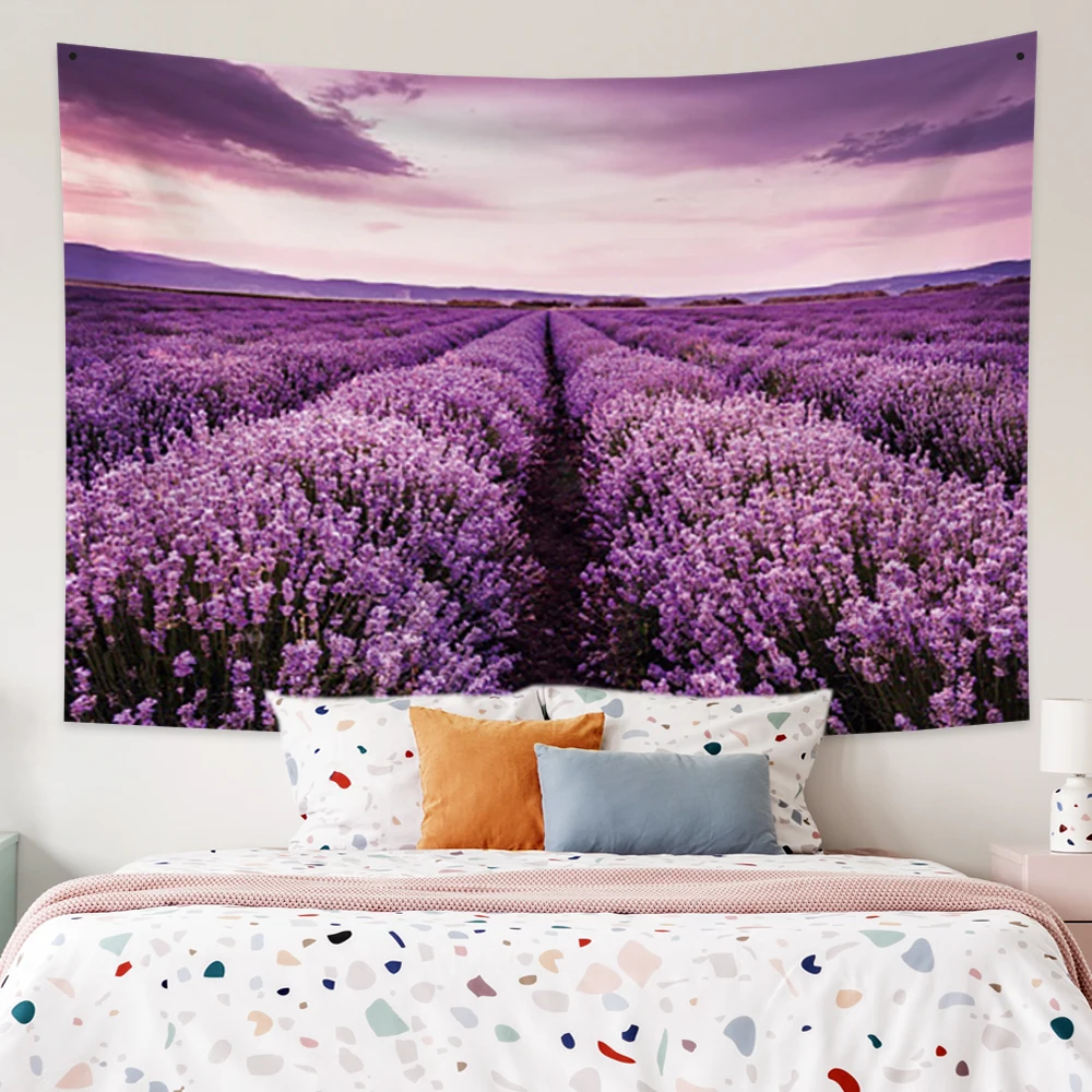 

Laeacco Beautiful Flower Sea Tapestry Blanket Wall Hanging Mountain Tree Landscape Dorm Home Decor Wall Carpet Beach Towel Cloth