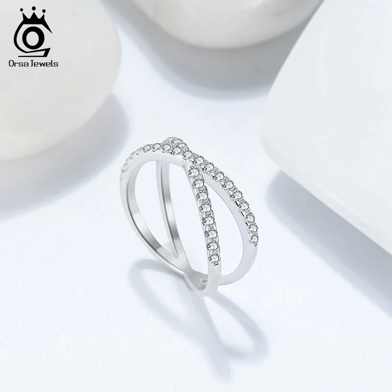 ORSA JEWELS 925 пробы серебро X-образное кольцо с фианитами женское классическое на