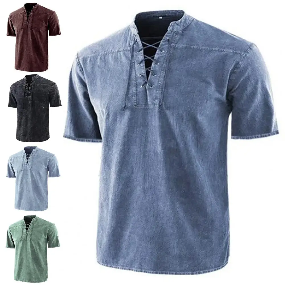 

Comfy Retro Front Bandage Short Sleeve Summer T-shirt Pullover Men T-shirt Solid Color for Dating