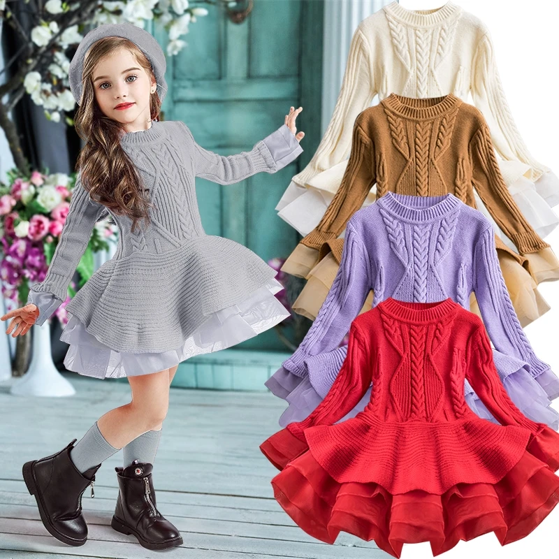 

Girl Winter Dress Knitted Chiffon Christmas Party Princess Long Sleeve Children Clothes Kids Dresses For Girls New Year Costume