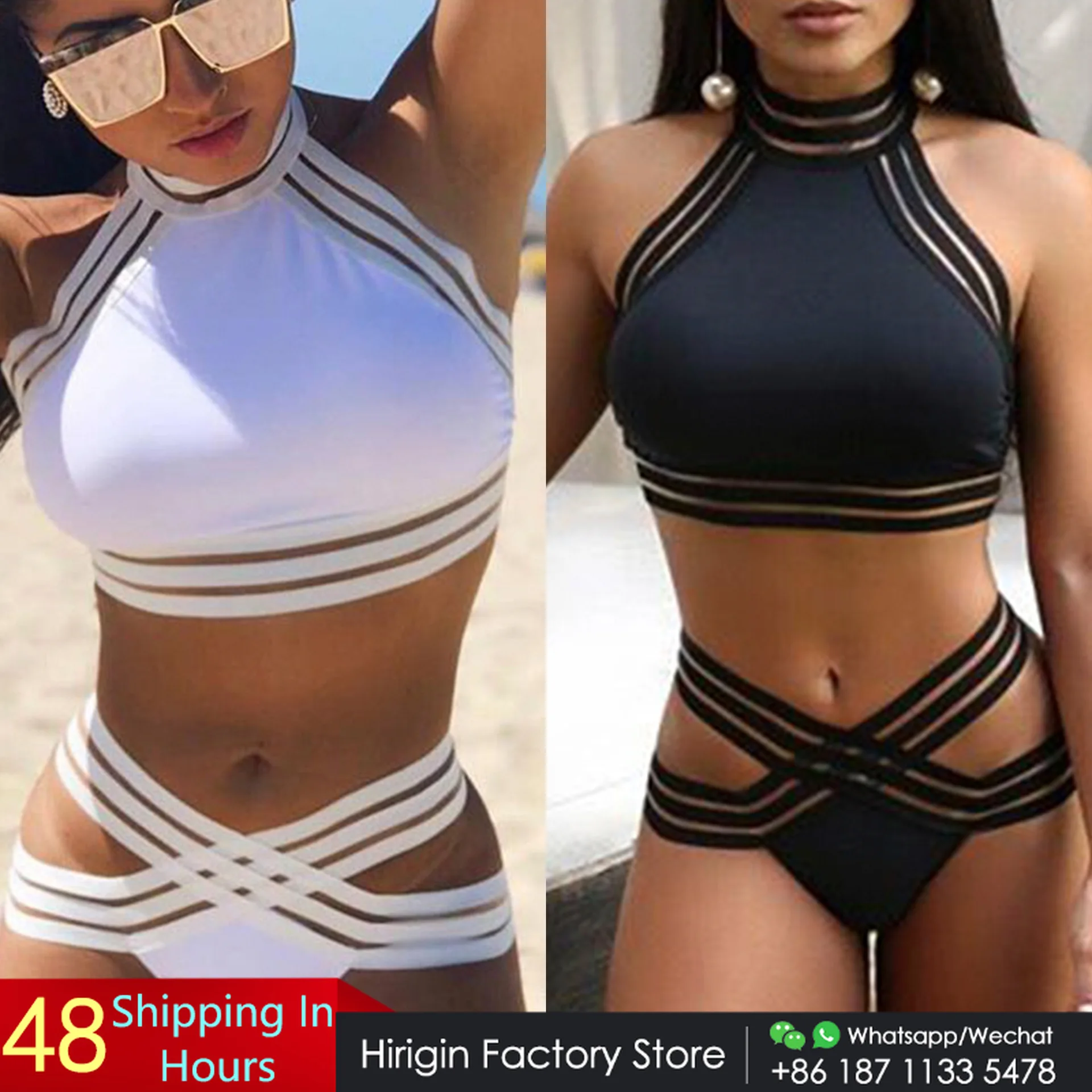 

Hirigin 2 Styles Mesh Patchwork Woemn Swimming Suit 2020 New Crossbody Bandage Swimwear High Wasit Bikini Beachwear Bathing Suit