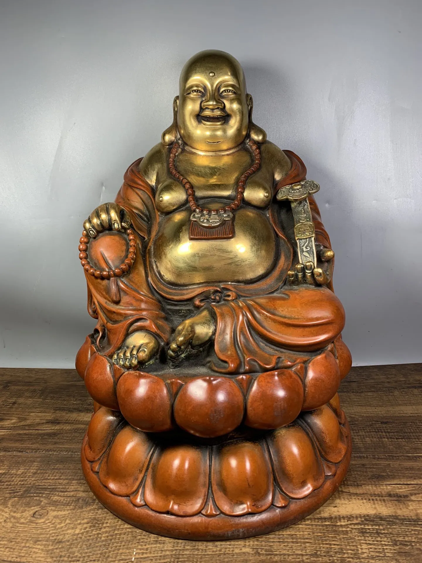 

13"Tibet Buddhism Temple Old Bronze Gilt Real gold silver Ruyi Maitreya Buddha Statue Amitabha statue Enshrine the Buddha