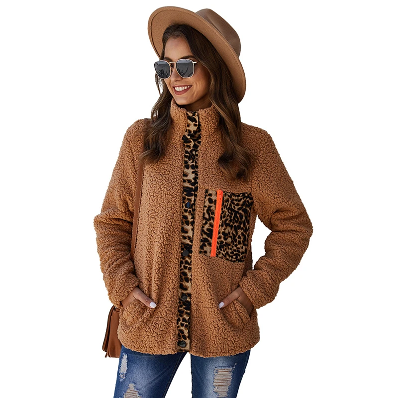

2020 autumn and winter new sexy leopard print zipper button long-sleeved blouse loose and warm plush jacket lamb wool all-match