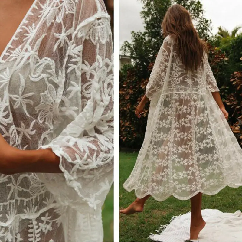 

Women Bikini Cover Up Solid Color Long Sleeve Cardigan Bikini Cover Up Embroidery Loose Smock for Swimming Suits