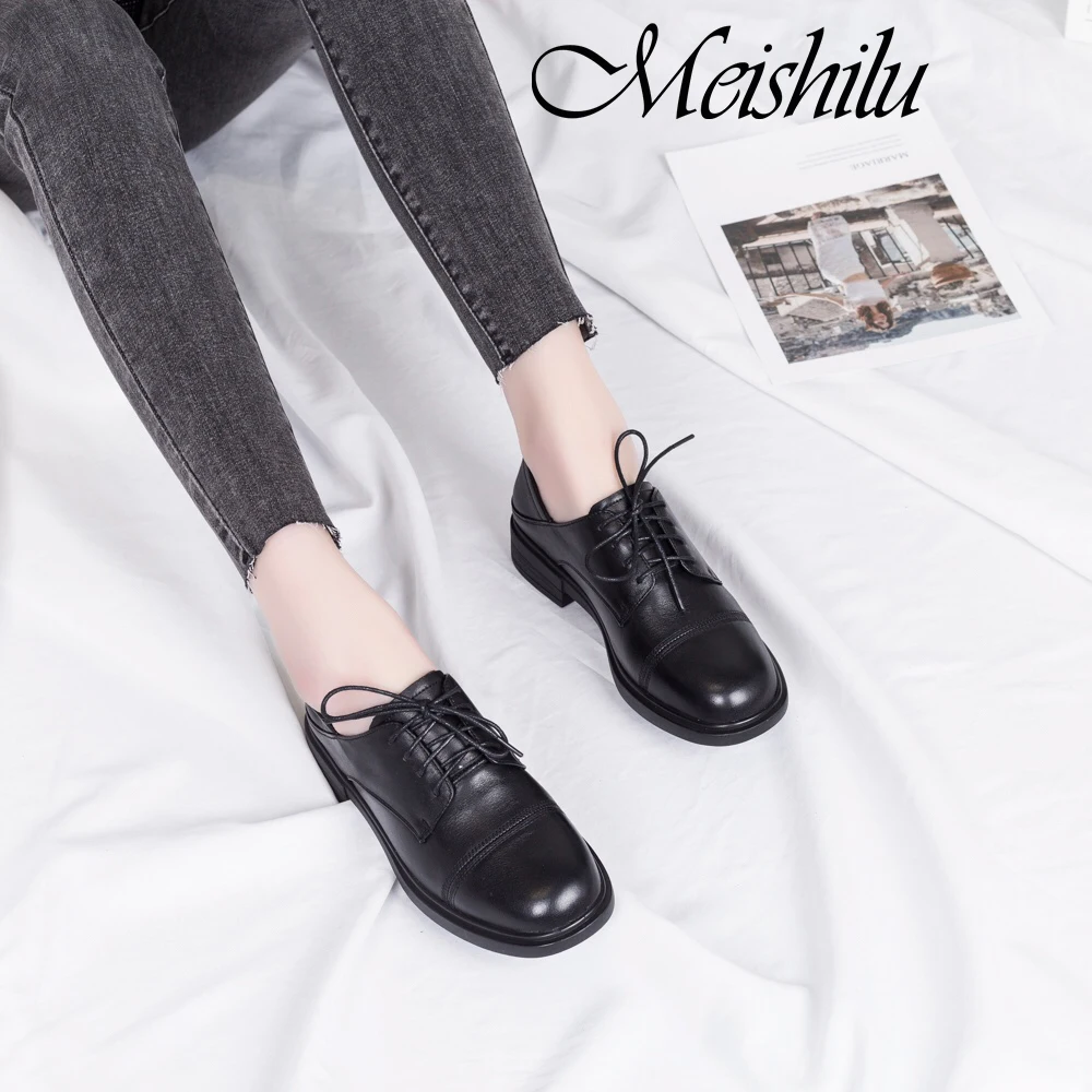 

Meishilu Women Oxford Business Leather Faux Lace Up Retro Smart Dress Shoes Wide Fit Wedding Office Flat Black