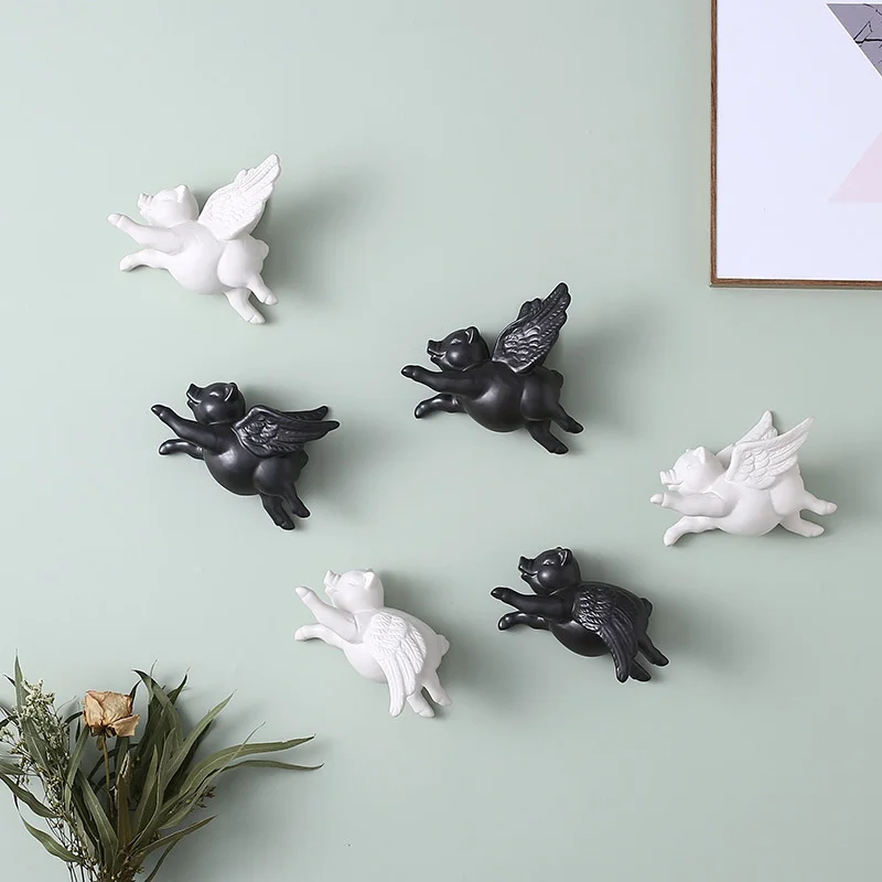 Creative Ceramic Piggy Sculpture Hanging Wall LivingRoom Background Wall Ornaments Flying Pig Crafts Home Decoration Accessories