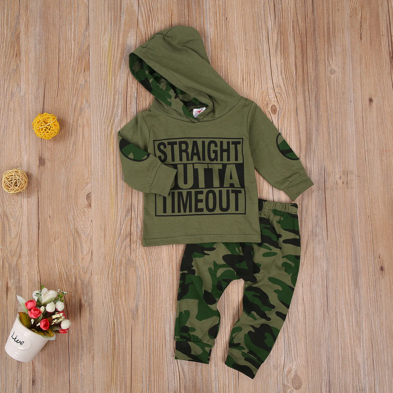

2 Pcs Infant Casual Outfits Toddler Long Sleeve Letter Print Hooded Top + Camouflage Trousers
