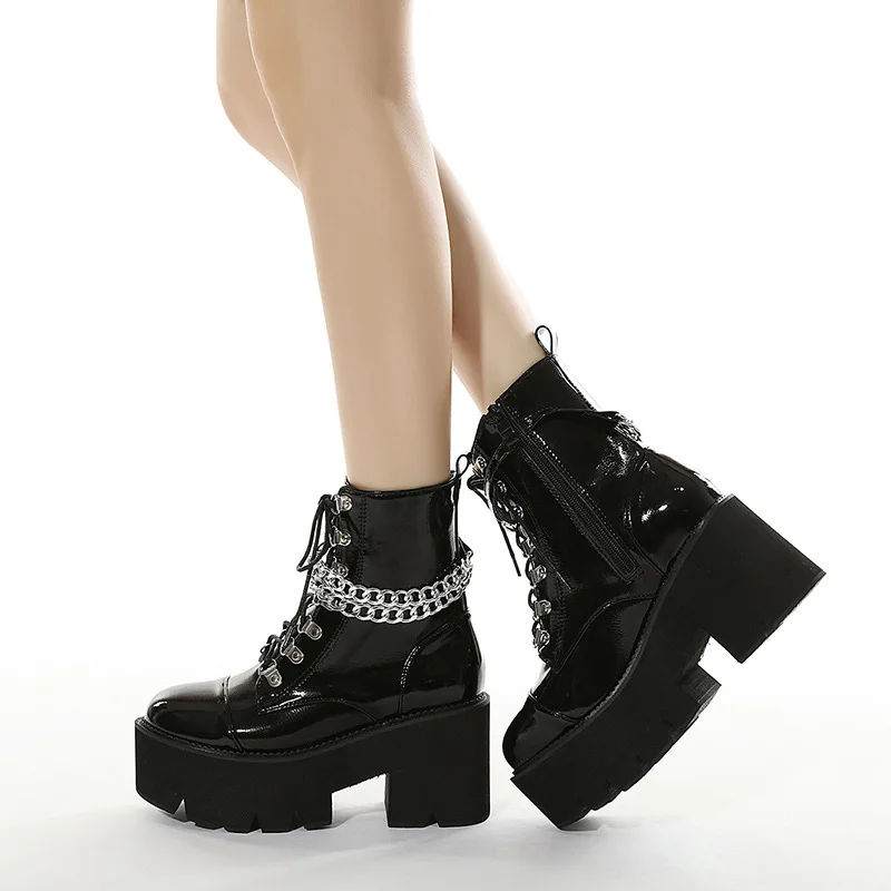 

Women Autumn Boots Lace Chain Wman Ladies Platform Black Ankle Boots Patent Leather Chunky Heel Punk Goth Shoes Female Pop Nice