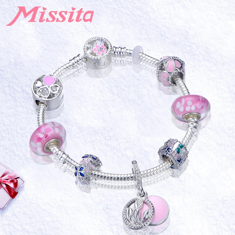 

MISSITA Flower & Butterfly series Charm Bracelets with Pink Tulip Pendant Bangle for Women Jewelry Brand Anniversary Gift
