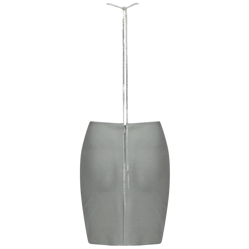 

Sale Women Sexy Designer Sparkly Chain Halter Silver Bandage Dress 2021 Ladies Backless Elegant Bodycon Party Dress Vestido