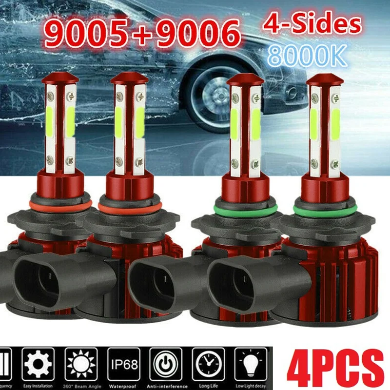 

4X8000K Ледяной Синий светодиодный комплект для преобразования ламп фар 9005 + 9006 дальний и ближний свет 4 стороны