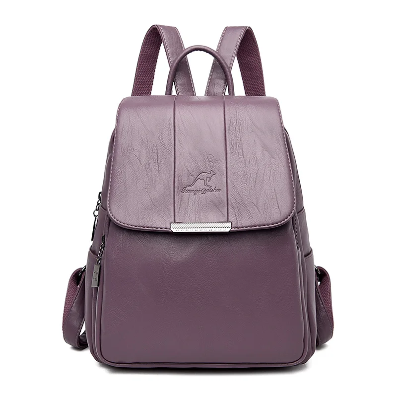 Purple Женский рюкзак из мягкой кожи, высокое качество, модная однотонная школьная сумка для девочек, большая вместительность, дорожные женские сумки, Mochila Feminina - Цвет: Purple
