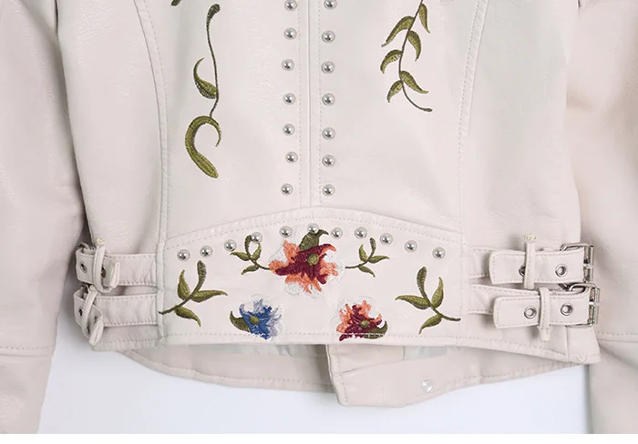 

New Women Jackets Retro Floral Print Embroidery Faux Soft Leather Jacket Coat Turndown Collar Pu Moto Biker Black Punk Outerwear