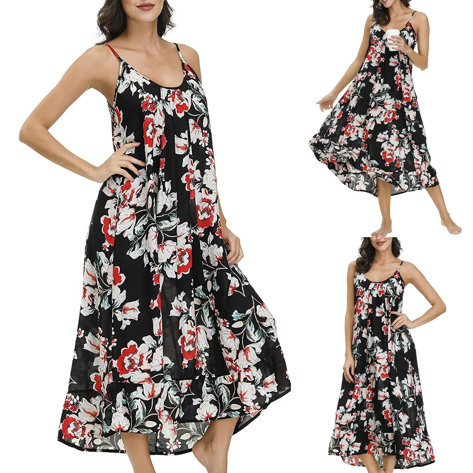 

Ladies V-neck Floral Long Dress Print Suspender Belt Pocket Beach Long Dress For Women Fashion Party Dress Casual