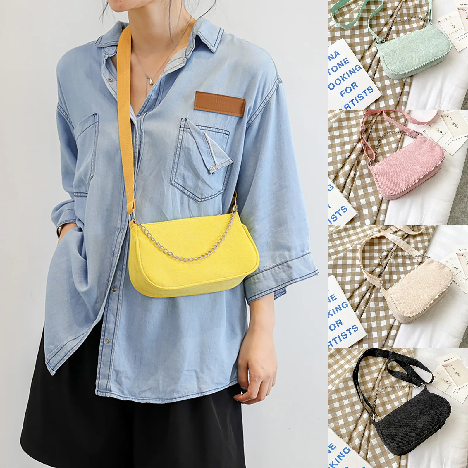 

Fashion Baguette Bags Velvet Shoulder Bags For Women Chain Designer Luxury Handbag Female Travel Solid Color Chain Handbag#p30