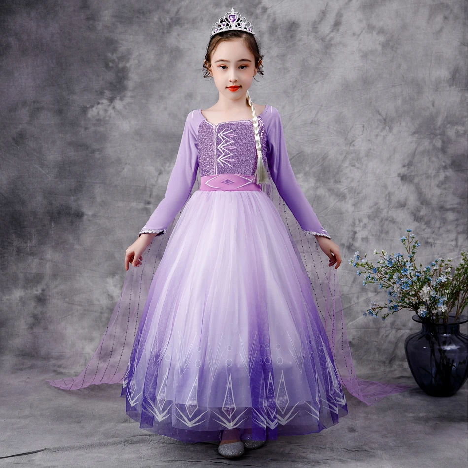 Frozen Elsa Dress Snow Queen 2 Girls Princess Dress Purple Long Sleeve Christmas Carnival Kids Cosplay Costume Wedding Dress