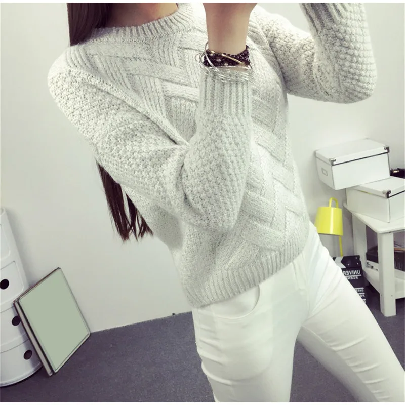 Зимний женский свитер с круглым вырезом, трикотажный женский мохеровый вязаный плотный Теплый Женский пуловер, женский джемпер для колледжа, розовый, серый