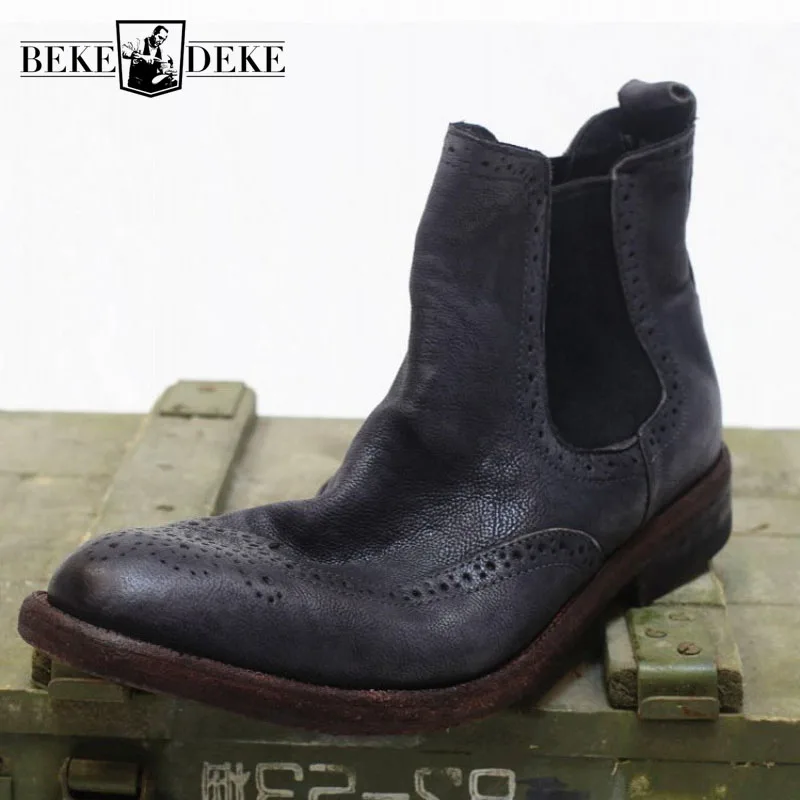 Ботинки Челси мужские зимние из натуральной воловьей кожи Винтажные ботинки с
