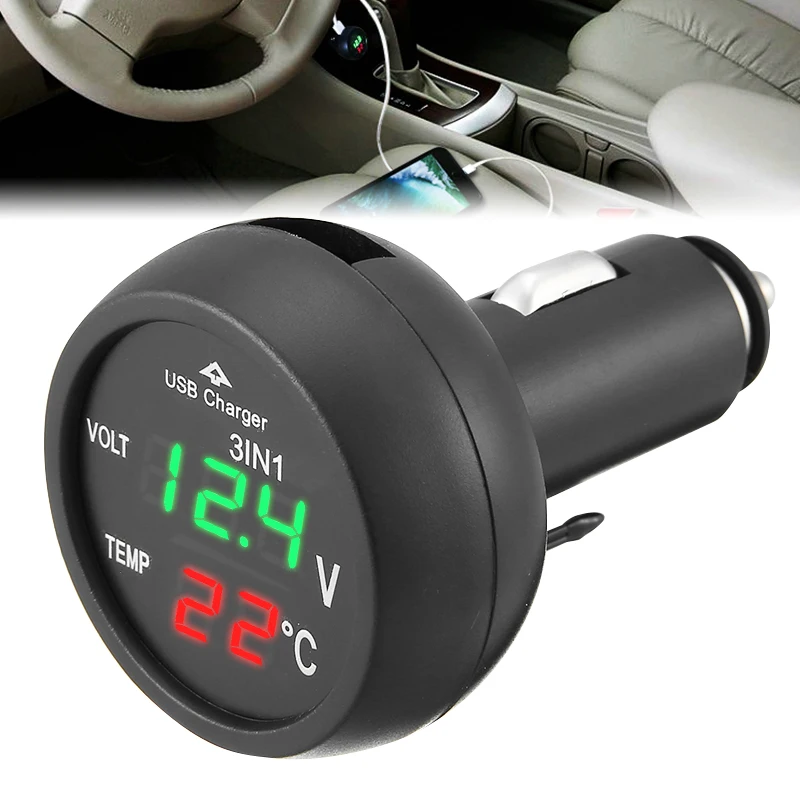 

1pc 3 In 1 LED Digital Display Car Green LED Voltmeter Red LED Thermometer Meter Monitor Voltage USB Changer Cigarette Lighter