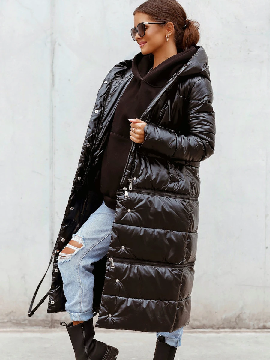 Oversized Puffer Jacket Women Three Length Long Coat Quilted Warm Padded Parka Casual Plus Size Streetwear Hooded Zipper Jackets