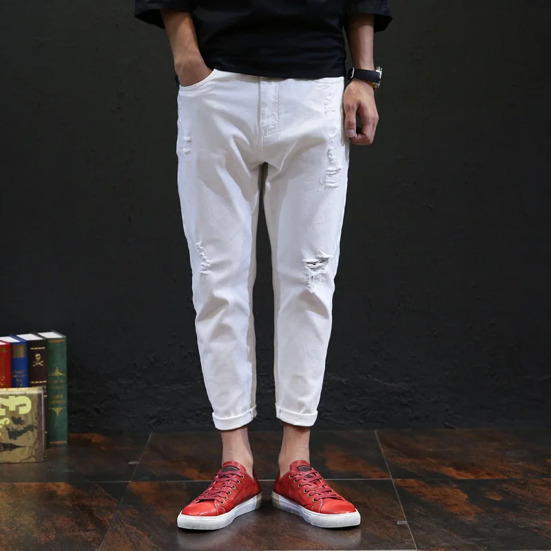 

2021 Summer New Jeans Men's Trousers High Quality Thin White Hole Korean Chao Brand Loose Large Harlan Casual Pants Men's Wear