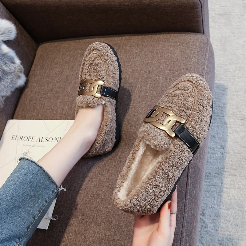 Metal Chic Chain Woolen Fur Moccasins Shoes Women Fleeces Loafers Winter Add Cashmere New Woman Plush Flats Plus Size 41-43