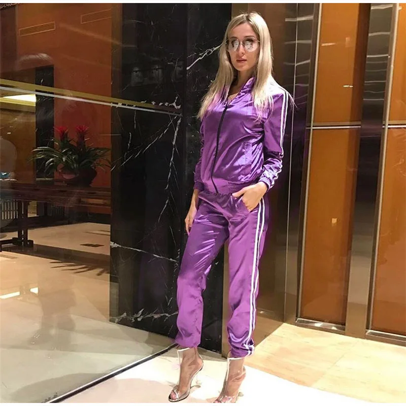 

Women's Striped Two Piece Casual Tracksuit 2 Two Piece Set Long Sleeve Purple Women Tops Pants Spring Fitness Sportwear Female