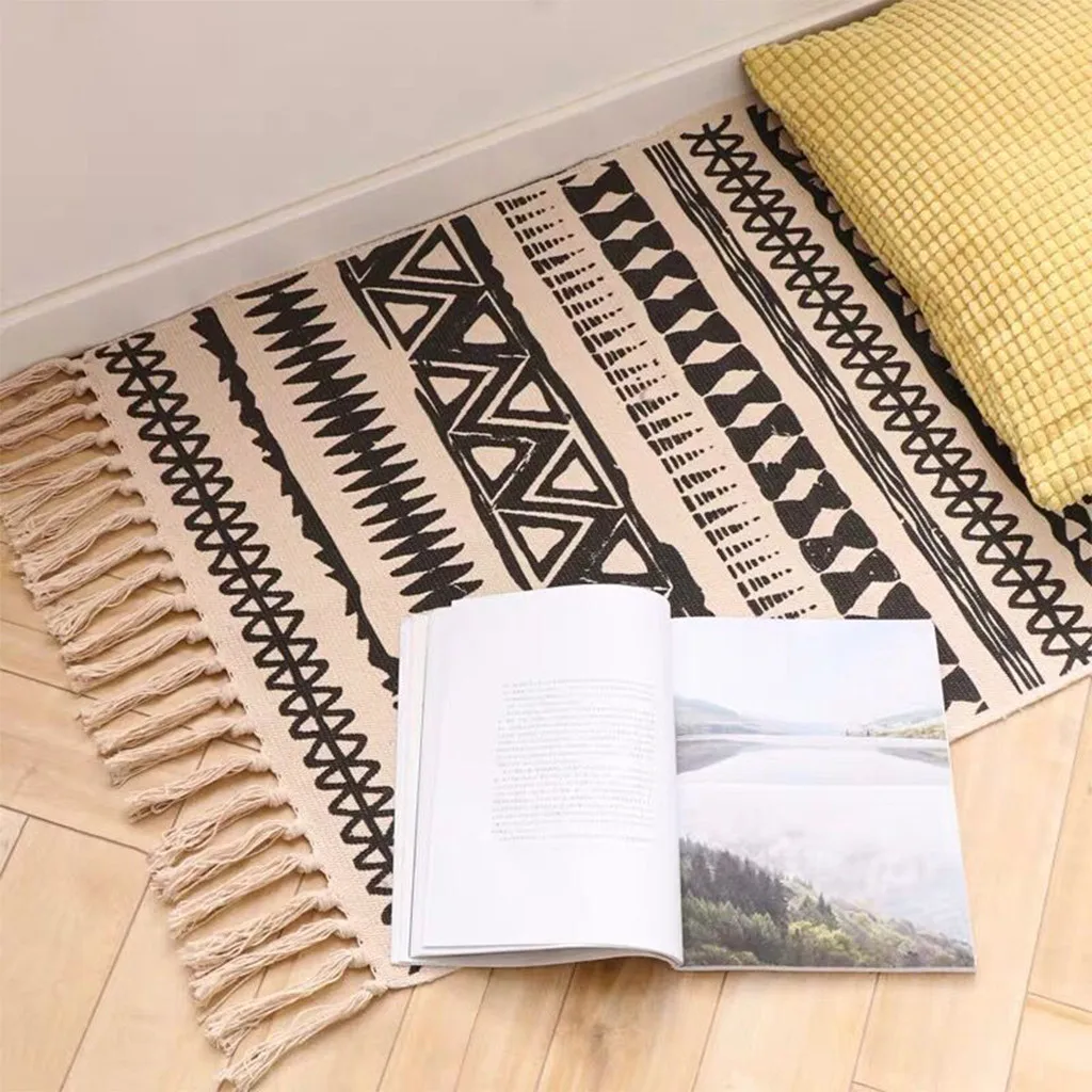 Богемный Плетеный вручную коврик из хлопка и льна с принтом растений