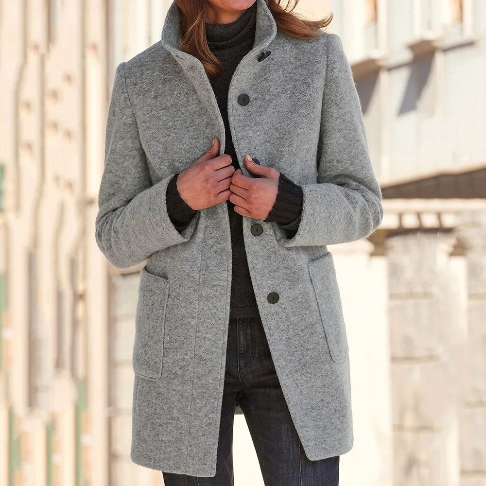 

Slim Button Single-Breasted Regular Women's Overcoat Solid Gray Vintage Office Lady Fashion Outwear Slim Overcoat Women's Jacket