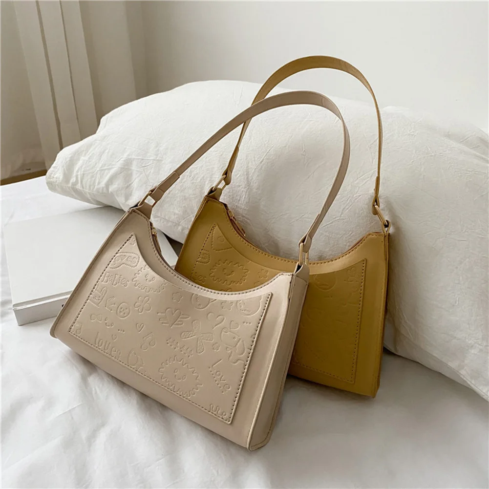 

2021 Women Cartoon Embossing Small Shoulder Bags Casual Soft PU Leather Underarm Bags Female Handbag Hobos Daily Shopping Bag