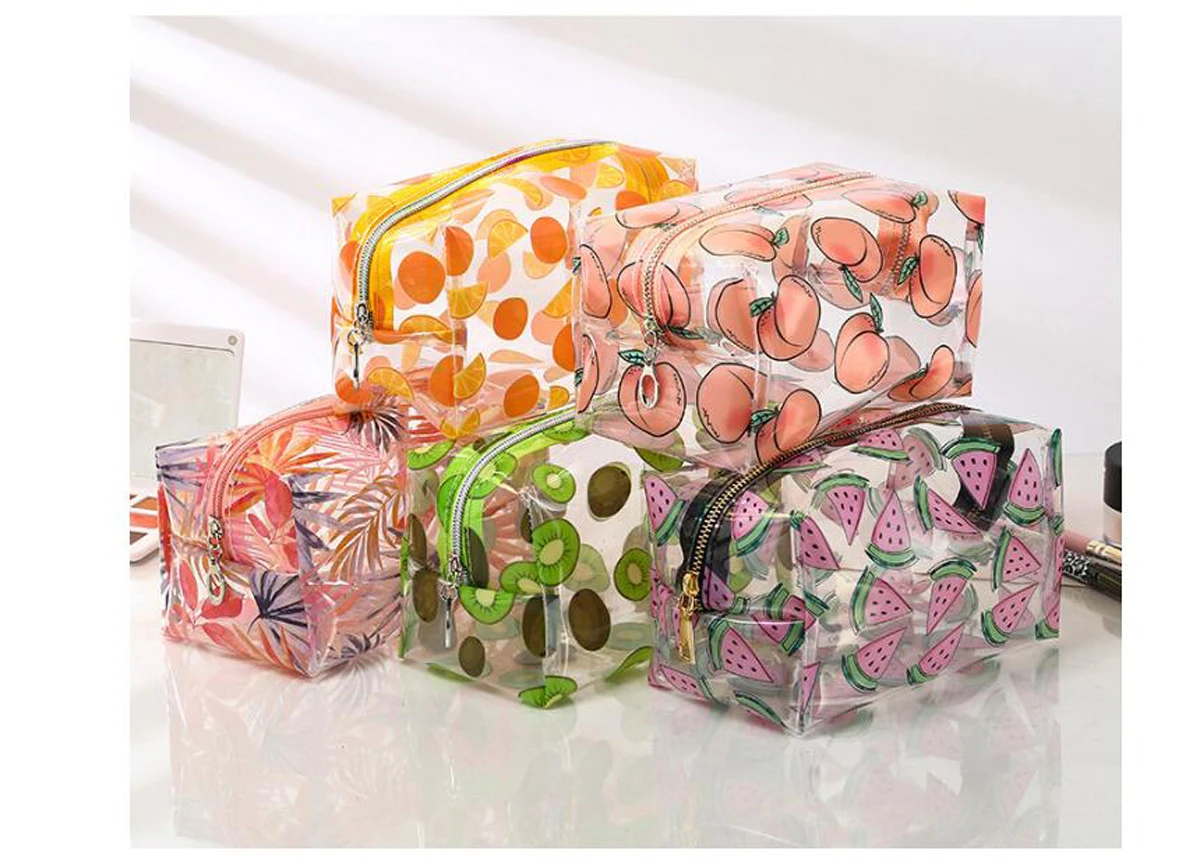 

DHL50pcs/lot Women PVC Transparent Watermelon Peach Fruit Prints Cosmetic Cute Bags Storage Pouch Makeup Organizer