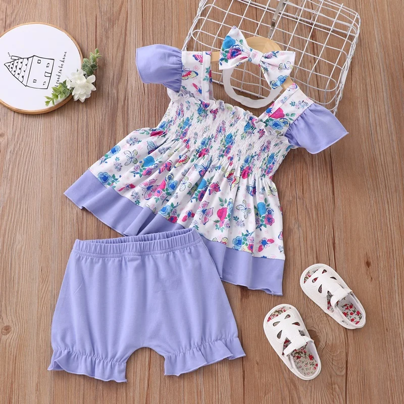 

New Baby Girl Outfit Baby Sets 3 Pcs Patchwork Color Print Flying Sleeve Tops+short Pants+headband Toddler Baby Clothes 0-18M