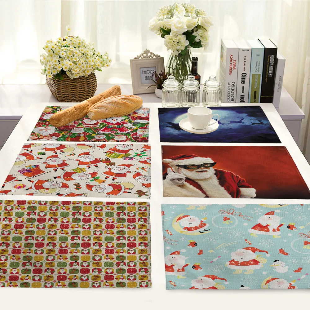 

Cartoon Father Christmas Placemat Rectangle Cotton Linen Table Mats for Dining Table Nordic Home Kitchen Decoration Accessories