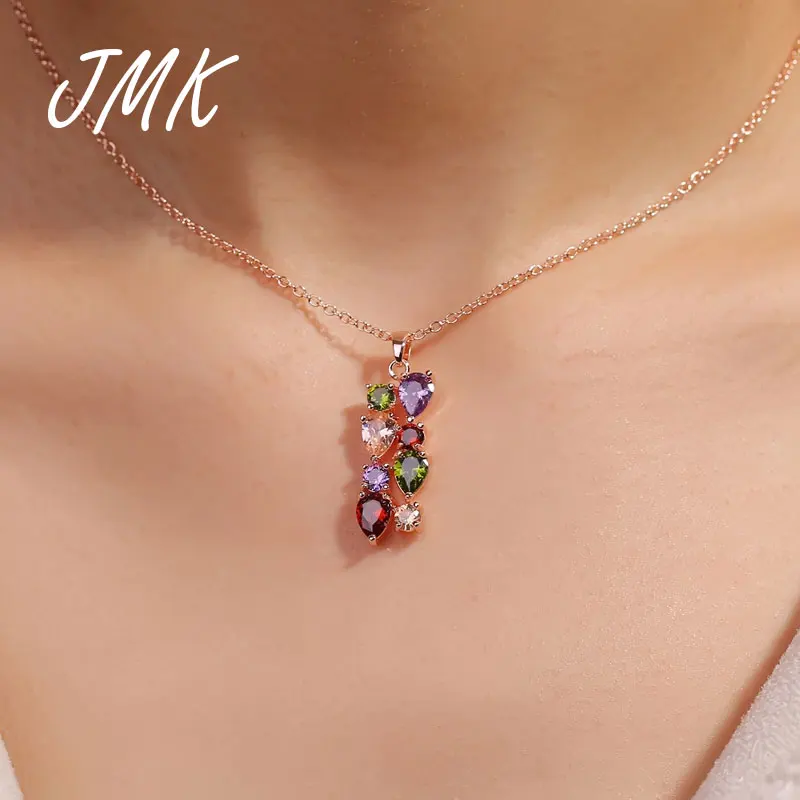 

JMK Bohemia Bague Colorful Zircon Necklace With Multi-color Crystal Rose Gold Link Chain Luxury Jewelry For Women Bridal Party
