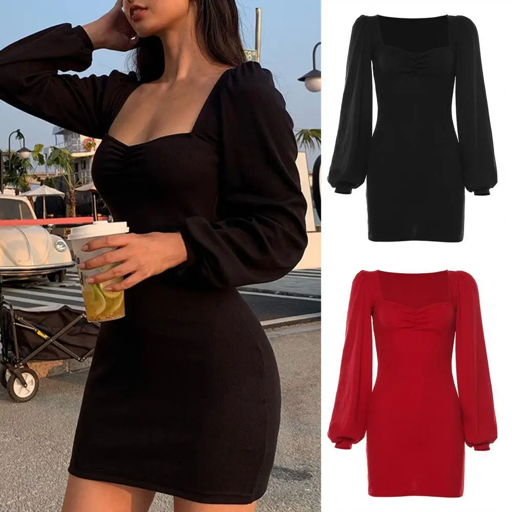 

Lantern Sleeve Dress Right-angle Shoulder Bodycon Square Collar Mini Dress for Party