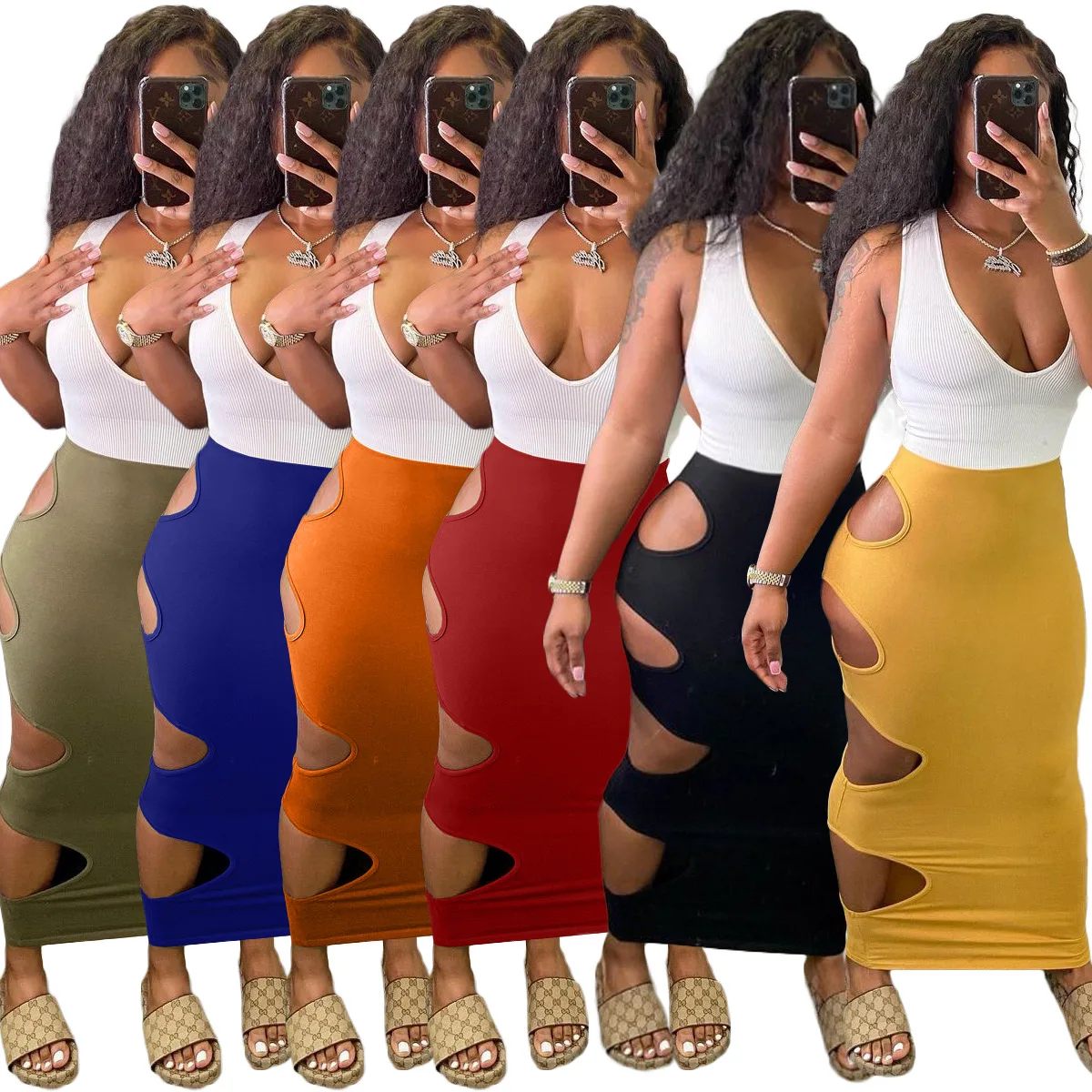 

Dresses for Women 2021 V Neck Sleeveless Bodycon Dresses Women Solid Color Hot Club Partywear Sexy Fashion Long Dress Hole Dress