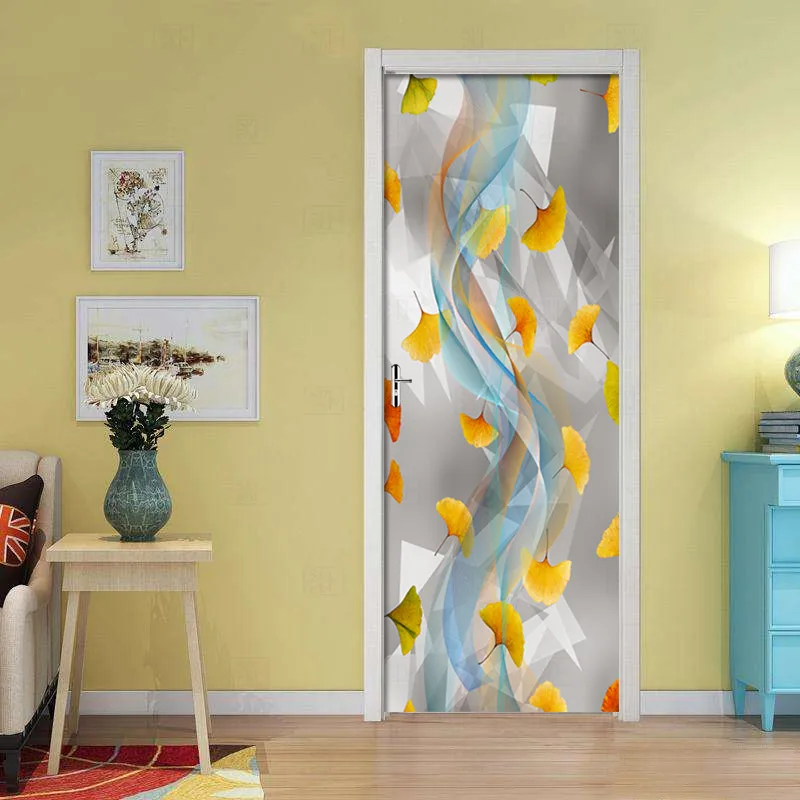 

3D Door Sticker Color Smoke Maple Leaf Wallpaper PVC Self Adhesive Removable Wall Mural Art Poster Door Sticker Home Door Decal