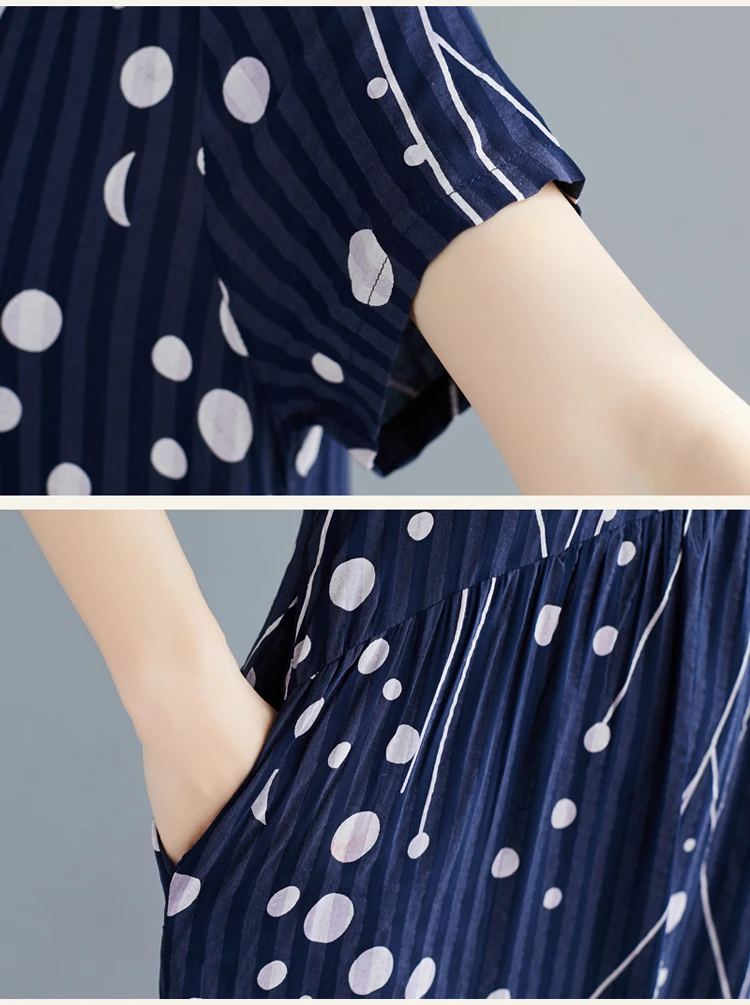 

New Arrival Summer Vintage Women Print Dress Loose Cotton Linen Short Sleeves Dot Loose Robe Ladies Dresses