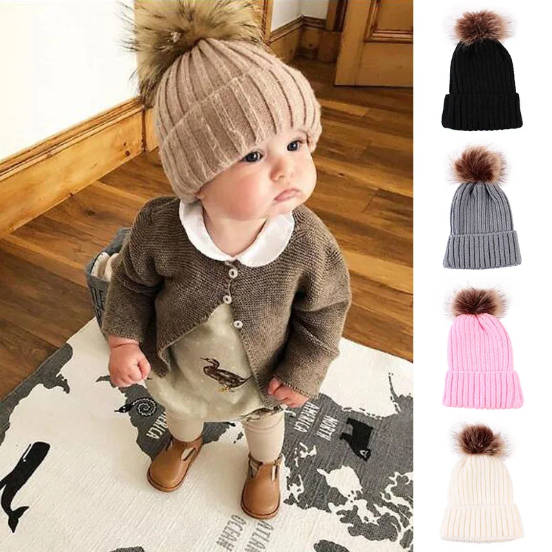 

Детские шапки с милыми помпонами для детей, осенне-зимняя теплая Вязаная Шапка-бини, однотонная вязаная крючком шапка для маленьких мальчик...