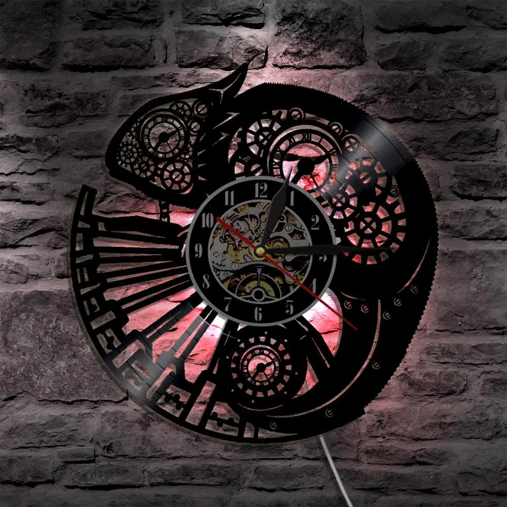 Chameleon Vintage Vinyl Record Wall Clock LP LED Night Light Art Hanging Watch Silent Quartz Animal Lover Gift | Дом и сад