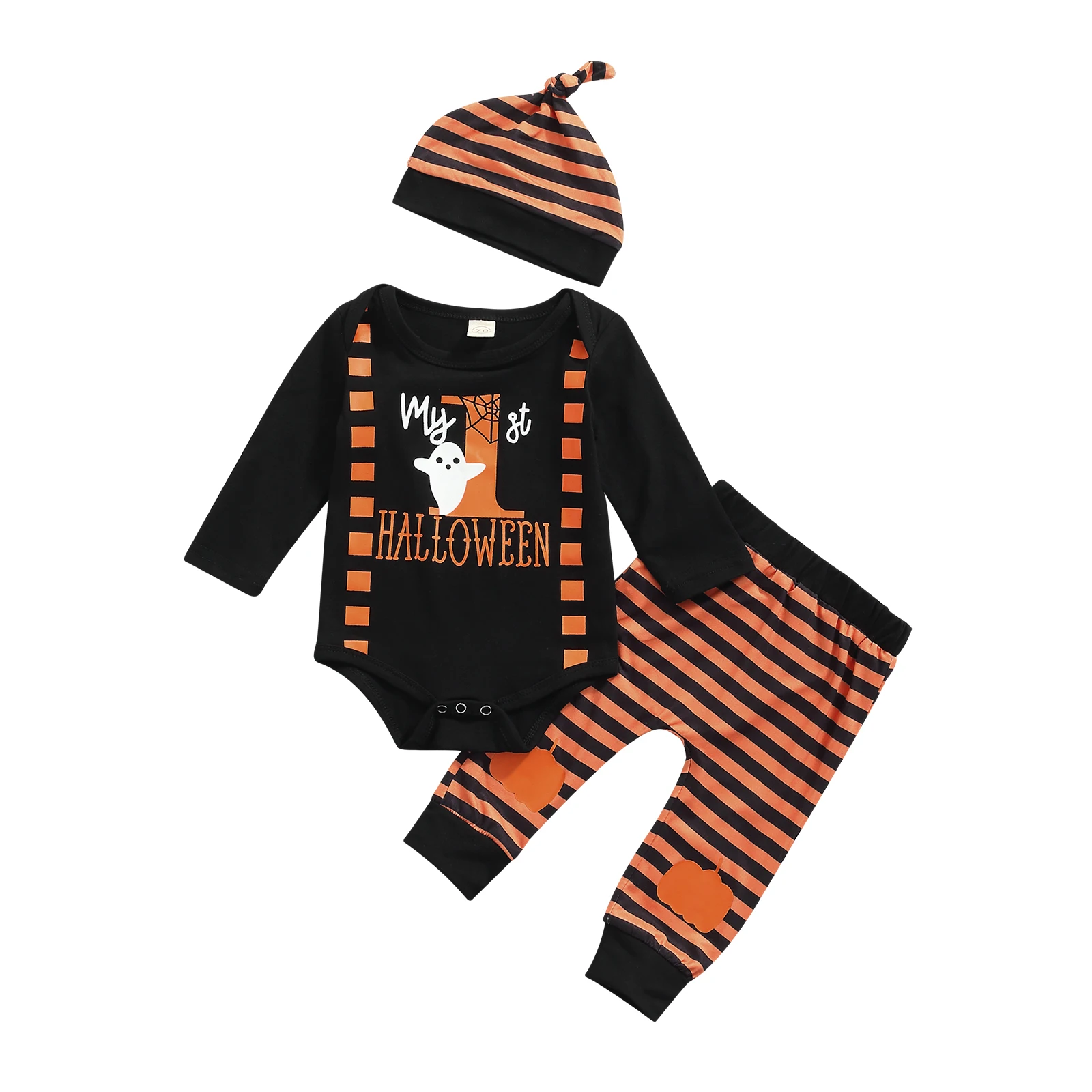

Halloween Clothes For Newborns Halloween Print Long Sleeve Romper Stripe Long Pants Hat 3Pcs Cotton Baby Boy Clothes 0-18M Sets